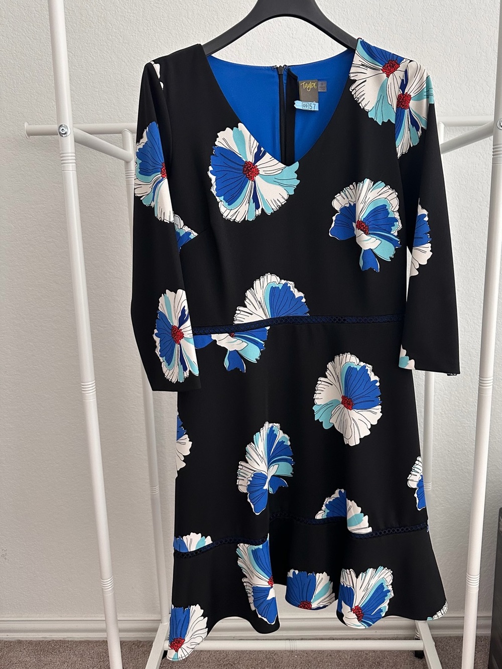 Taylor Black 3/4-Sleeve Dress with Blue, White & Red Floral Print